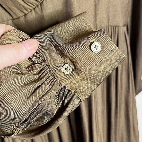 BANANA REPUBLIC Balza Ruffle Mini Dress Olive V Neck Long Sleeve Size Large - Picture 4 of 7